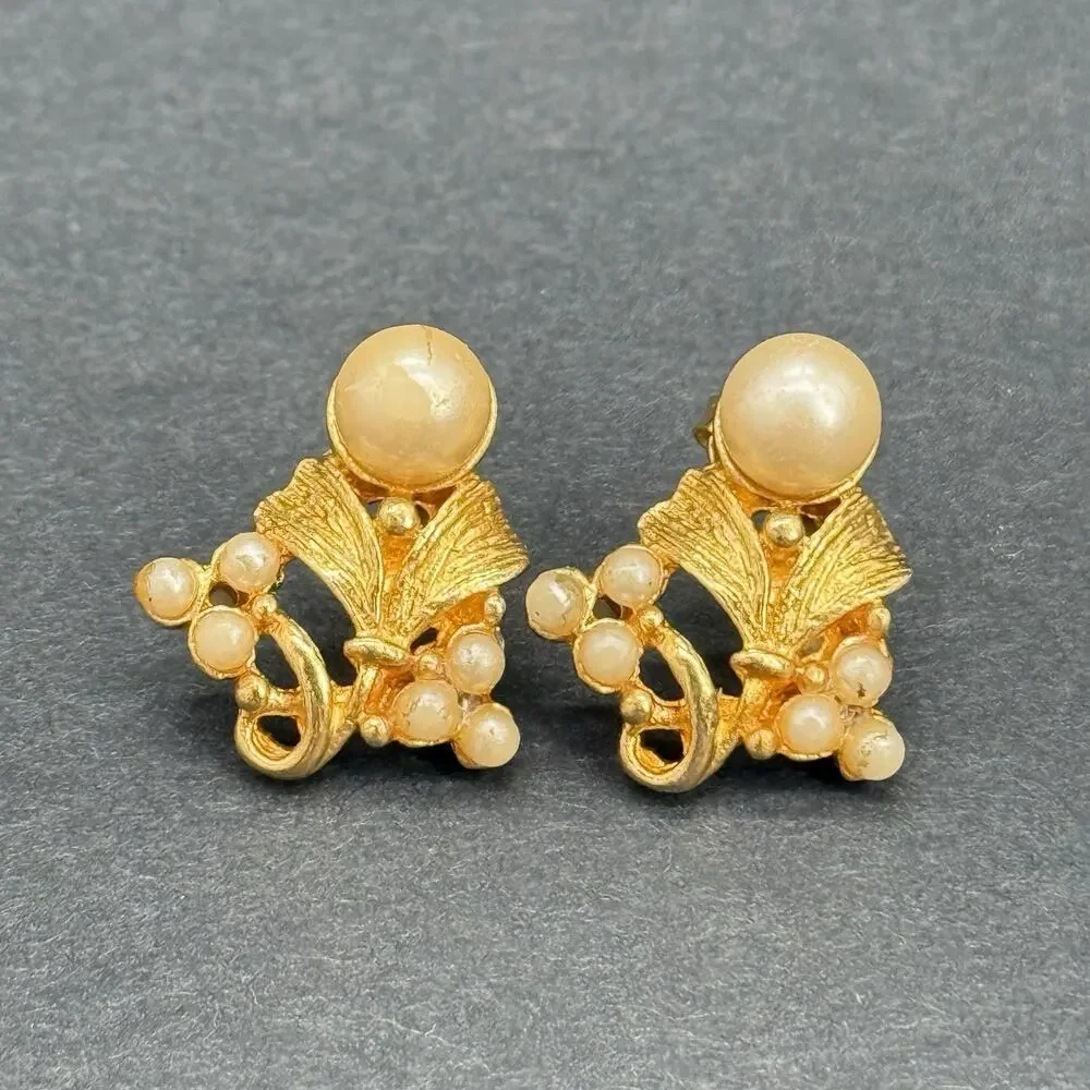 Vintage Gold-Tone Costume Earring Lot Red Rhinestone Hat Faux Pearl Enamel